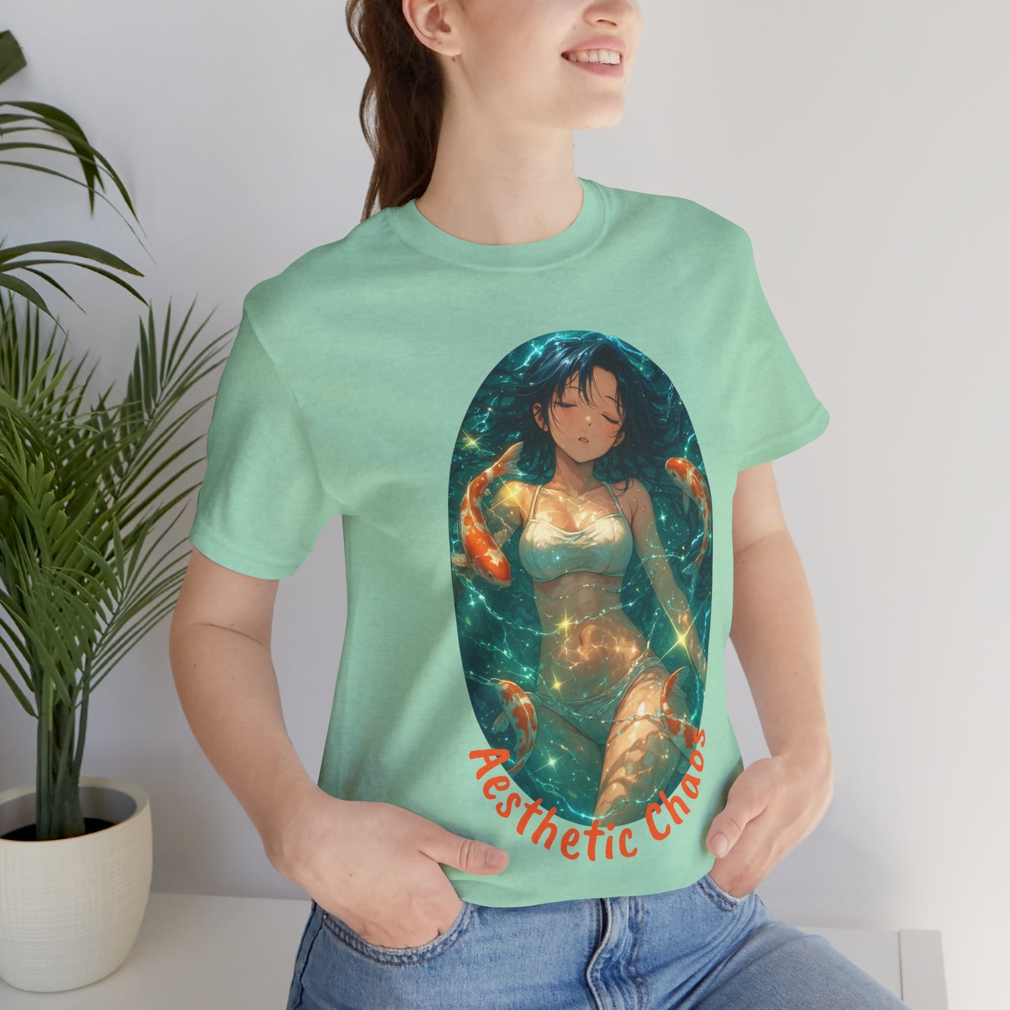 Aesthetic Chaos, Anime style woman, laying in water with coy fish Unisex Jersey Short Sleeve Tee