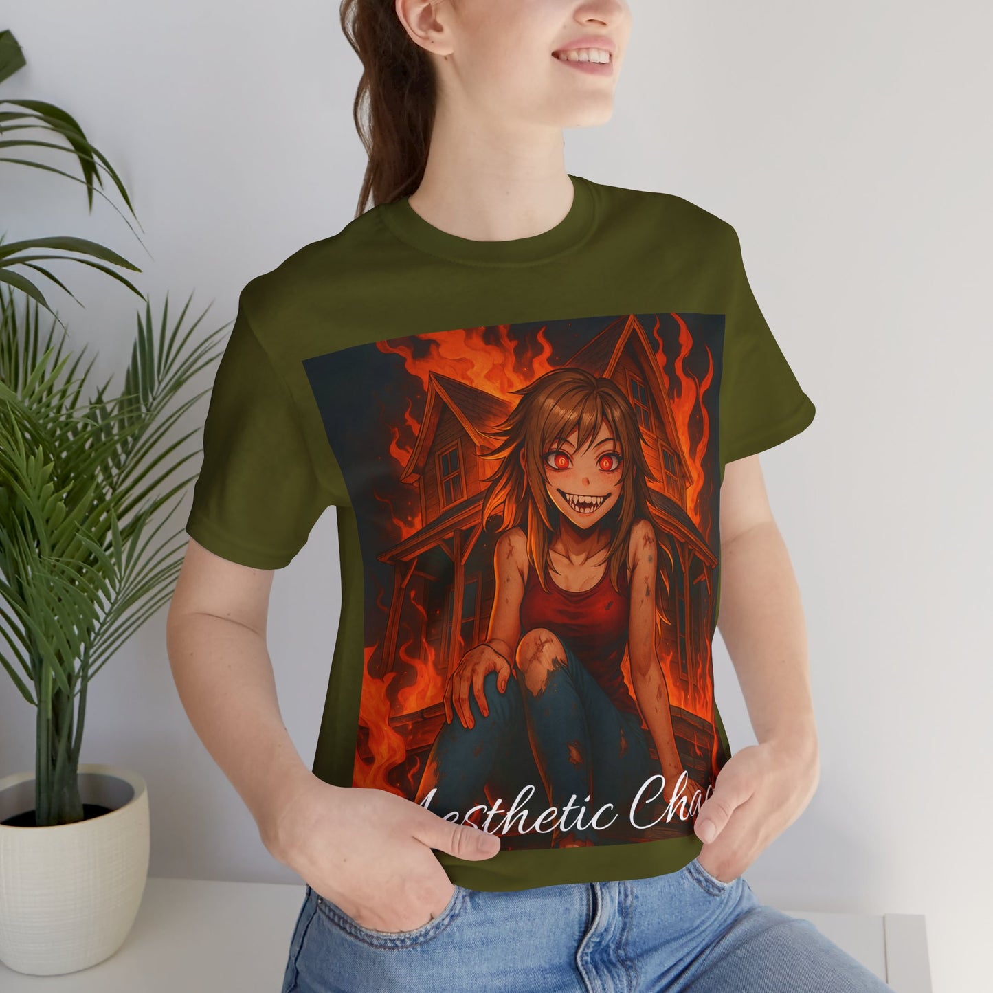 Aesthetic Chaos, insane girl, burning house down, anime style Unisex Jersey Short Sleeve Tee
