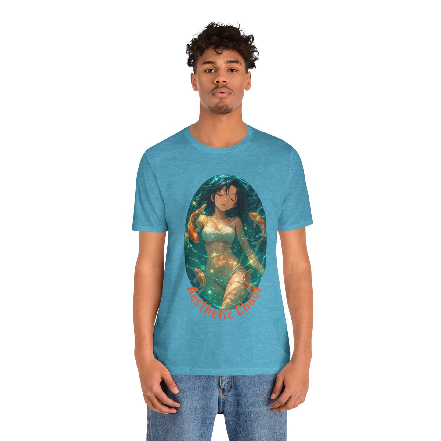 Aesthetic Chaos, Anime style woman, laying in water with coy fish Unisex Jersey Short Sleeve Tee
