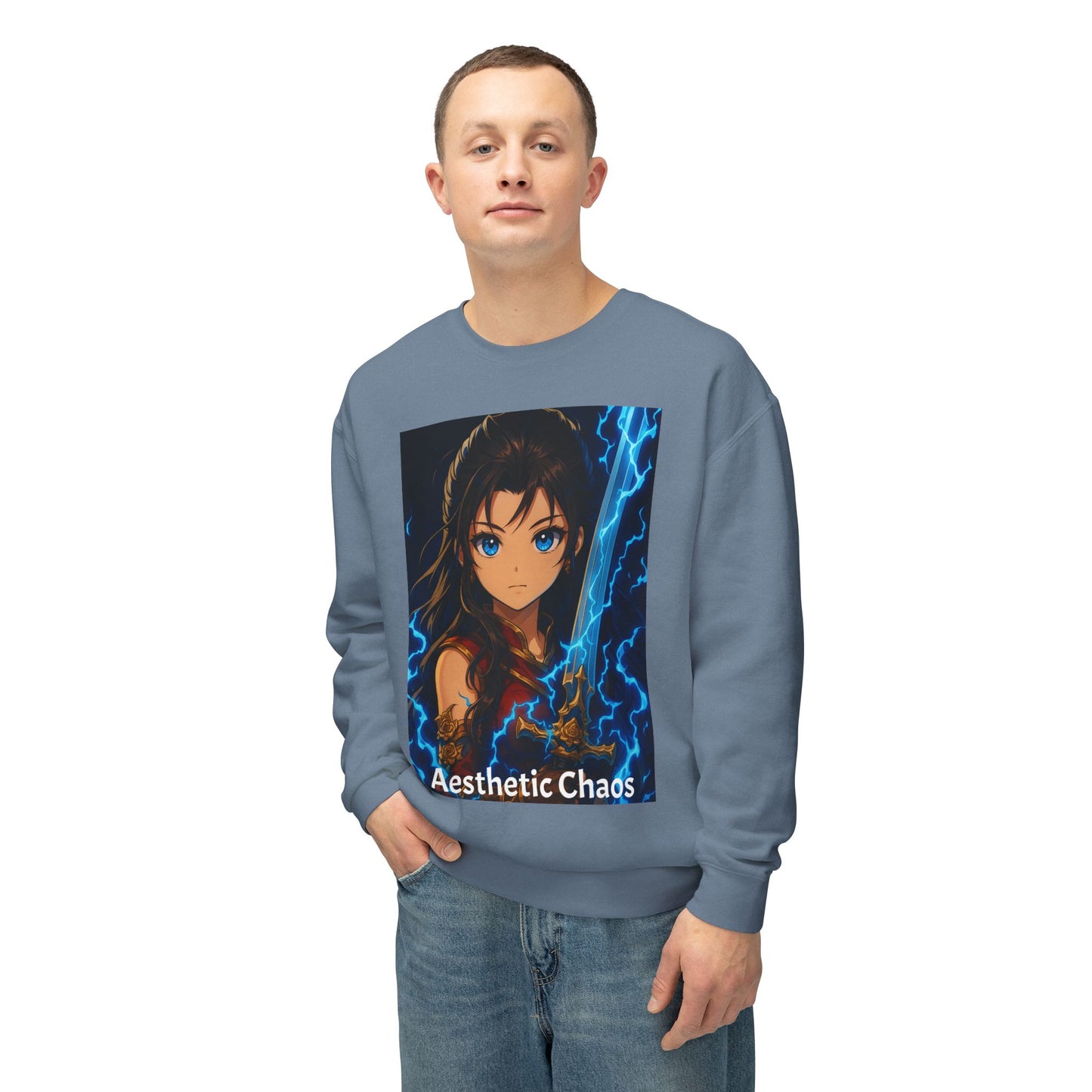 Aesthetic Chaos, Anime woman with large sword and blue electricity, Unisex Lightweight Crewneck Sweatshirt