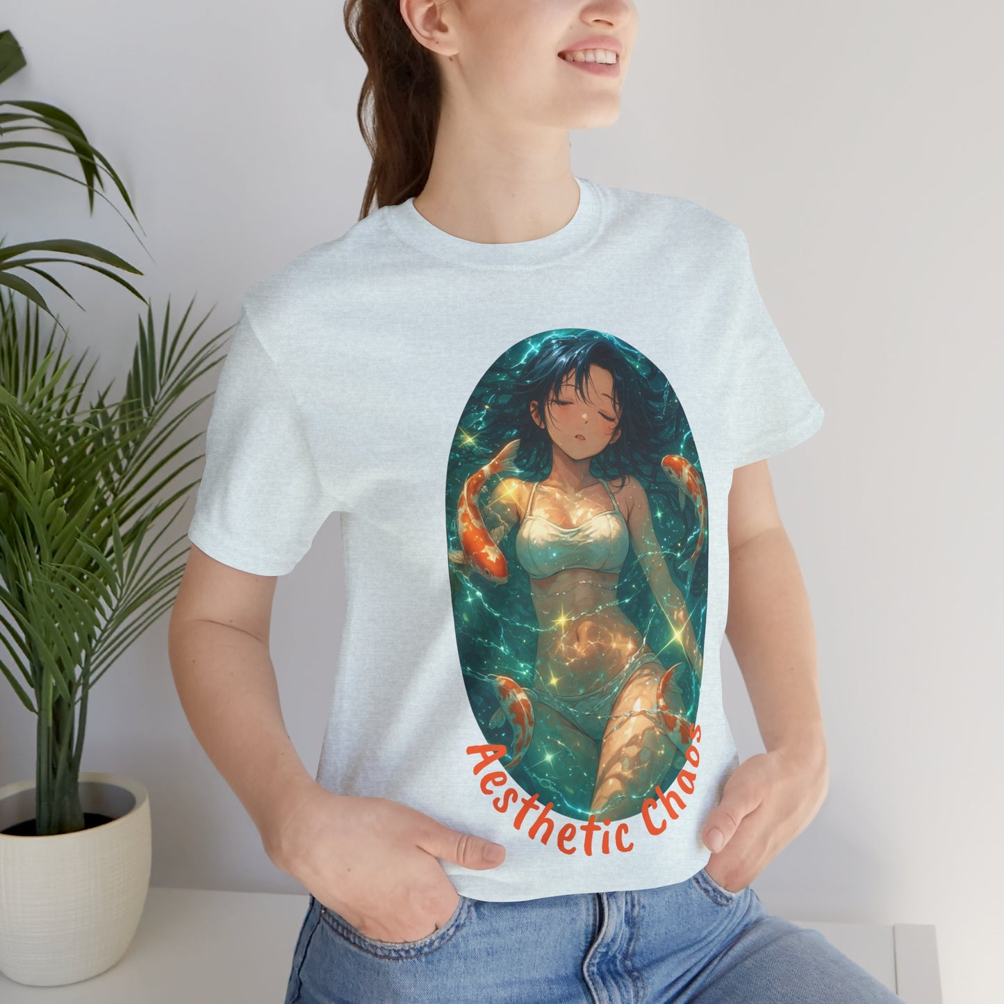 Aesthetic Chaos, Anime style woman, laying in water with coy fish Unisex Jersey Short Sleeve Tee