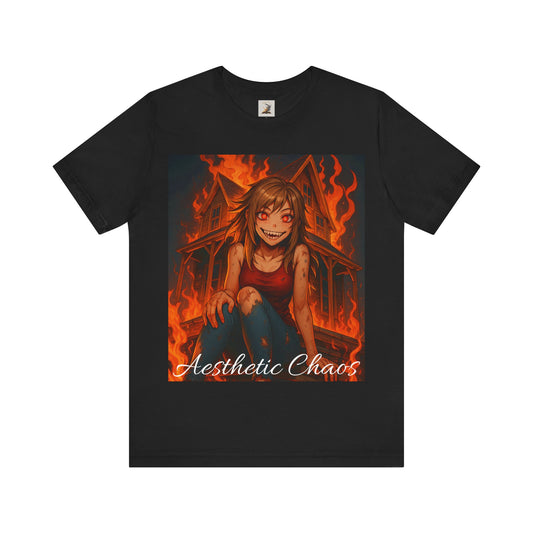Aesthetic Chaos, insane girl, burning house down, anime style Unisex Jersey Short Sleeve Tee