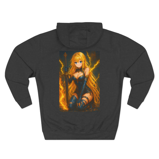 Aesthetic Chaos, blond anime woman with large sword Three-Panel Fleece Hoodie