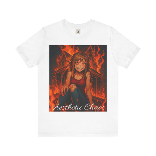 Aesthetic Chaos, insane girl, burning house down, anime style Unisex Jersey Short Sleeve Tee