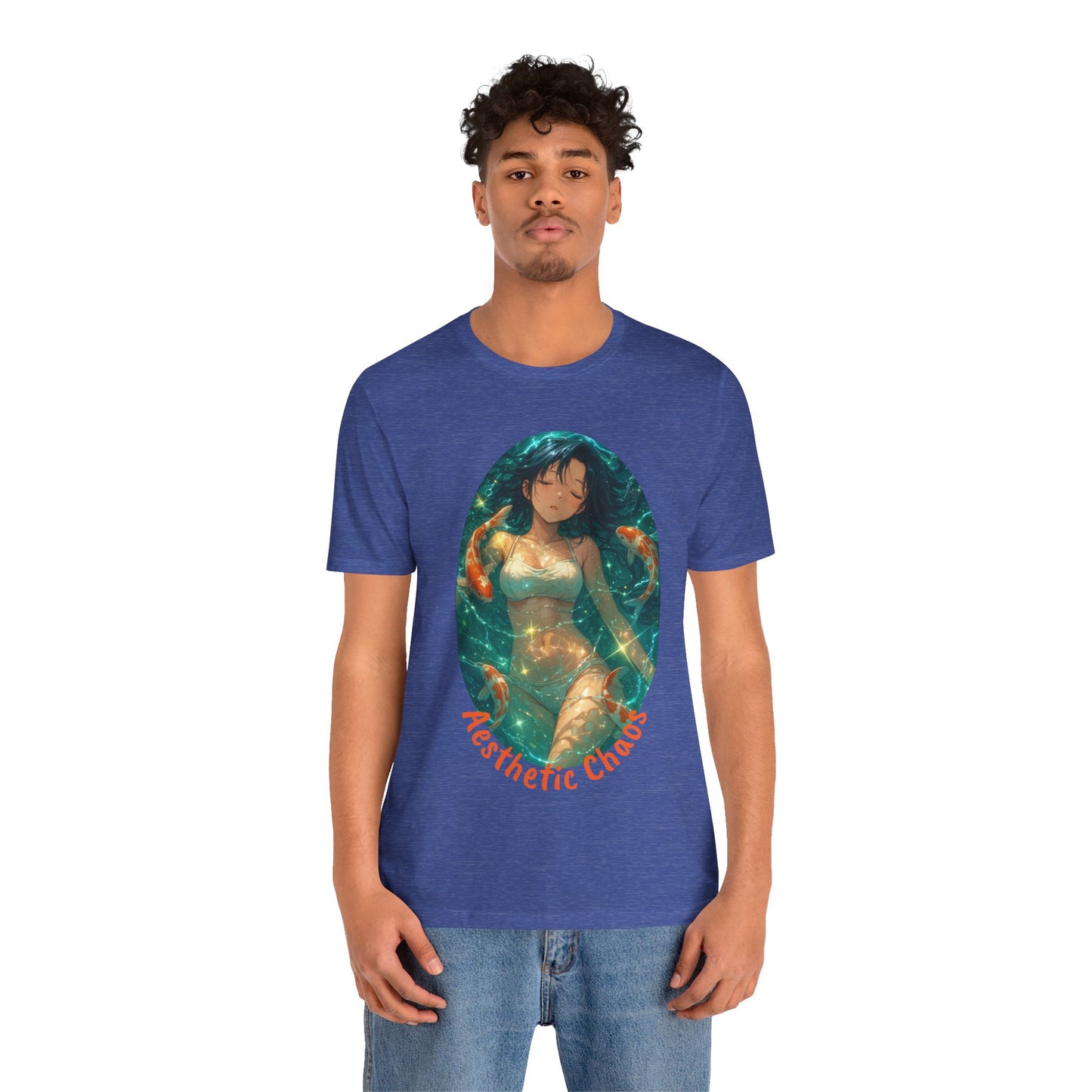 Aesthetic Chaos, Anime style woman, laying in water with coy fish Unisex Jersey Short Sleeve Tee