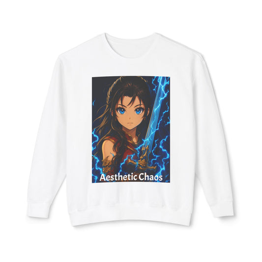 Aesthetic Chaos, Anime woman with large sword and blue electricity, Unisex Lightweight Crewneck Sweatshirt