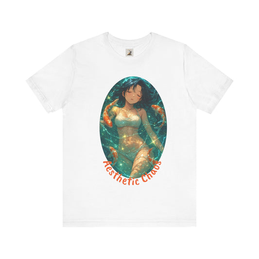Aesthetic Chaos, Anime style woman, laying in water with coy fish Unisex Jersey Short Sleeve Tee