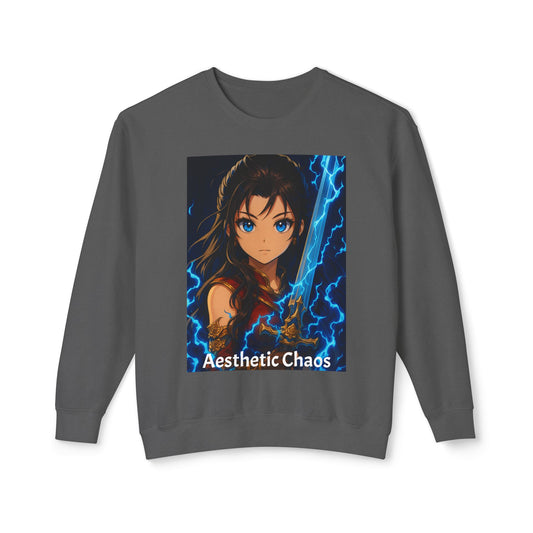 Aesthetic Chaos, Anime woman with large sword and blue electricity, Unisex Lightweight Crewneck Sweatshirt