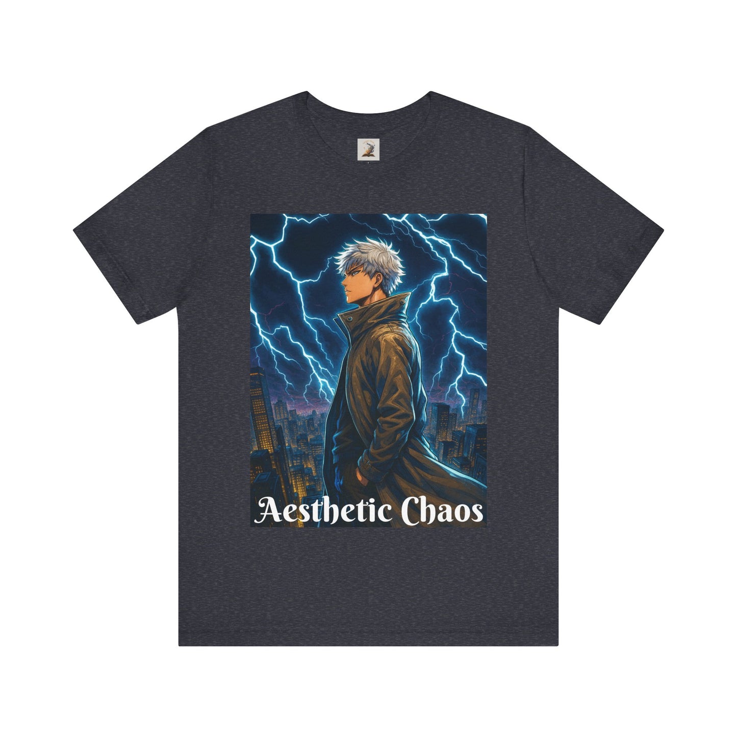 Aesthetic Chaos, Anime style man, blue lightening, roof top city view Unisex Jersey Short Sleeve Tee