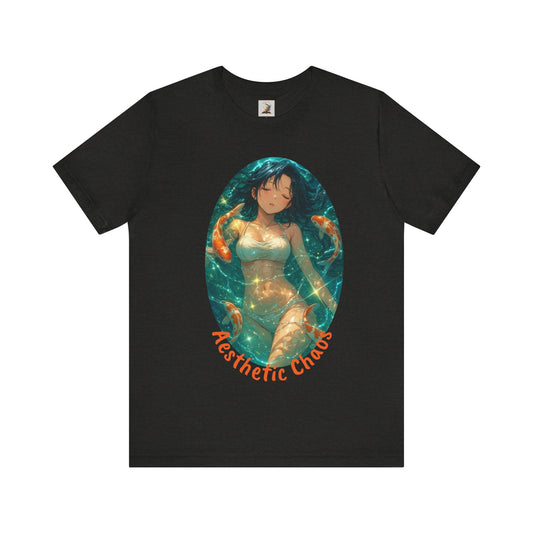 Aesthetic Chaos, Anime style woman, laying in water with coy fish Unisex Jersey Short Sleeve Tee