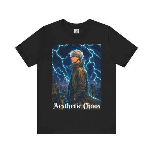 Aesthetic Chaos, Anime style man, blue lightening, roof top city view Unisex Jersey Short Sleeve Tee