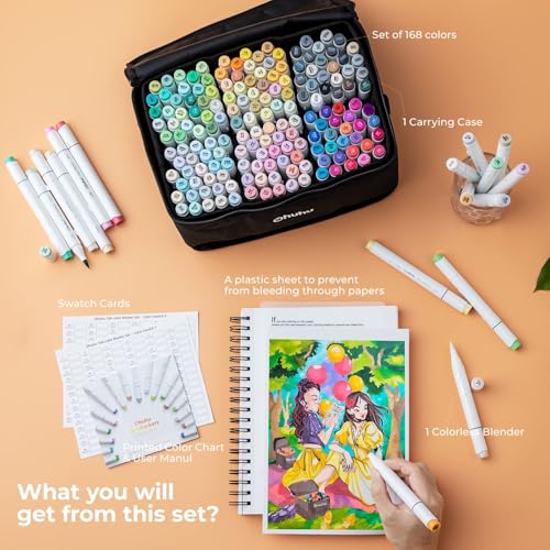 Ohuhu Alcohol Markers Brush Tip - 168-color Art Marker Set Double Tipped Alcohol-based Markers for Artist Adults Coloring Illustration- Brush & Chisel - Honolulu - Refillable Ink
