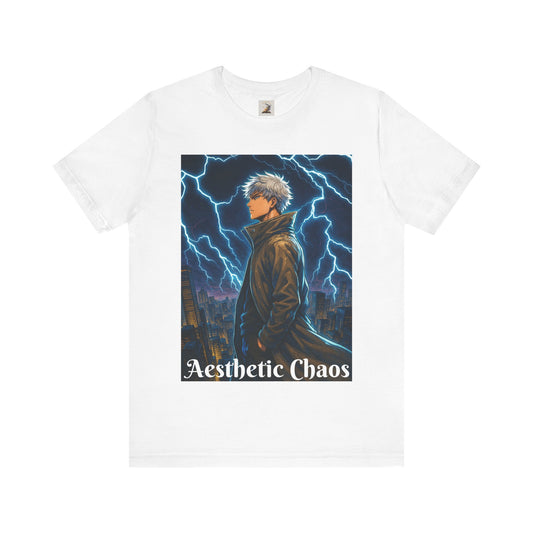 Aesthetic Chaos, Anime style man, blue lightening, roof top city view Unisex Jersey Short Sleeve Tee