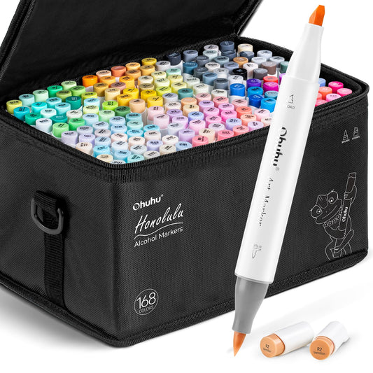 Ohuhu Alcohol Markers Brush Tip - 168-color Art Marker Set Double Tipped Alcohol-based Markers for Artist Adults Coloring Illustration- Brush & Chisel - Honolulu - Refillable Ink
