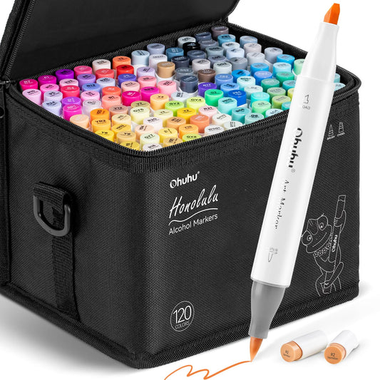 Ohuhu Alcohol Markers Brush Tip -Double Tipped Art Marker Set for Artist Adults Coloring Illustration - 120 Colors- Brush & Chisel Dual Tips- Honolulu of Ohuhu Markers- Refillable Alcohol-based Ink